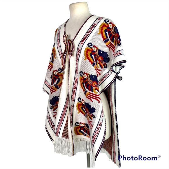 Vintage Sweaters - Vintage 70s Circa Cuauhtemoc Aztec Tribal Knit Fringe Poncho Shawl One Size
